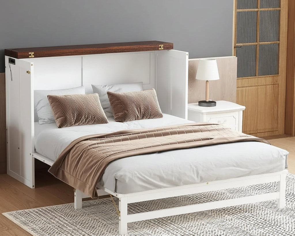 Full Size Solid Pine Murphy Bed with Storage, Desk, and Charging Station