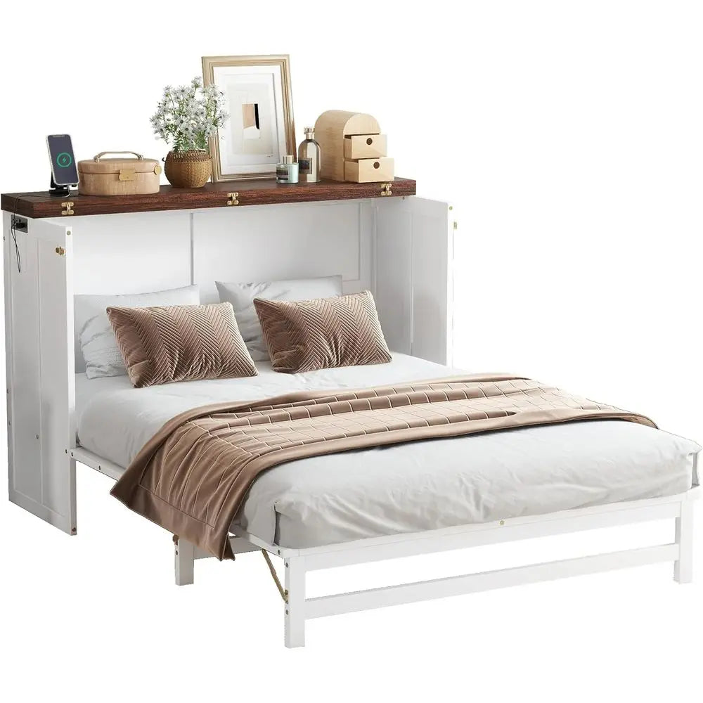 Full Size Solid Pine Murphy Bed with Storage, Desk, and Charging Station