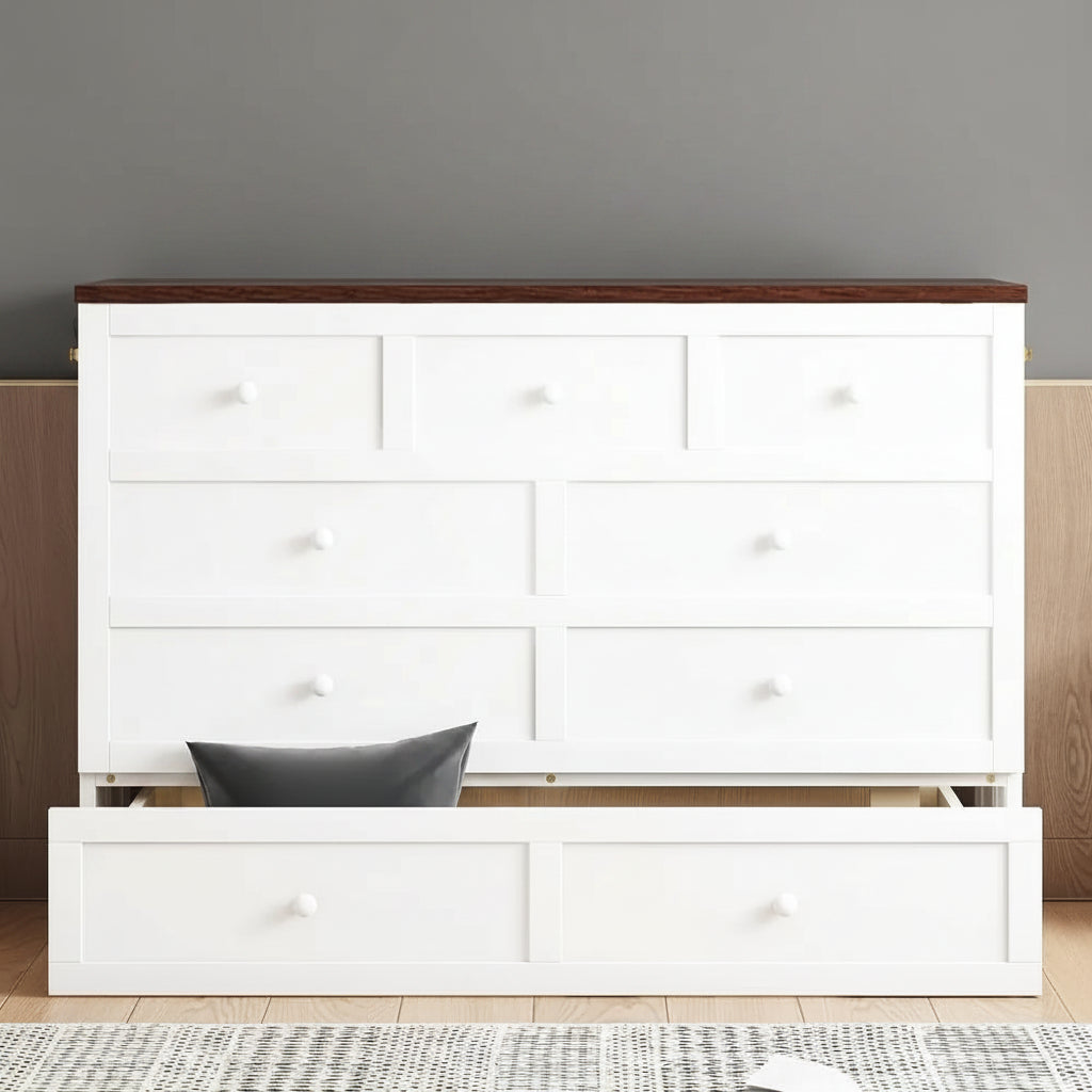 Full Size Solid Pine Murphy Bed with Storage, Desk, and Charging Station