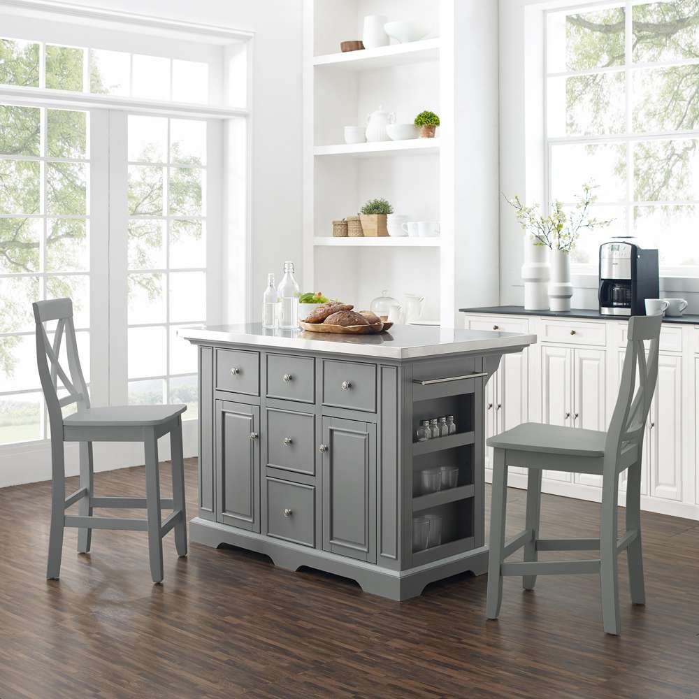 Julia Stainless Steel Top Island with X-Back Stools KF30064GY-GY in Gray / Gray