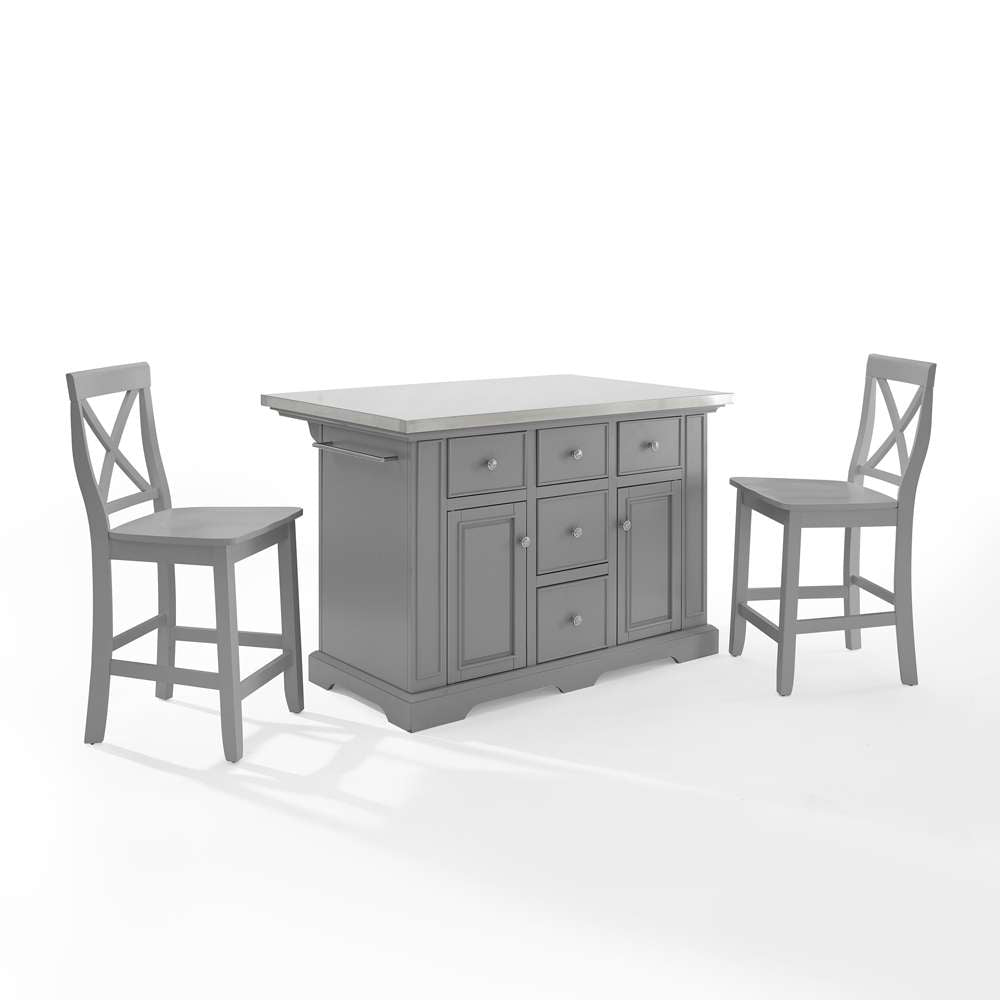 Julia Stainless Steel Top Island with X-Back Stools KF30064GY-GY in Gray / Gray