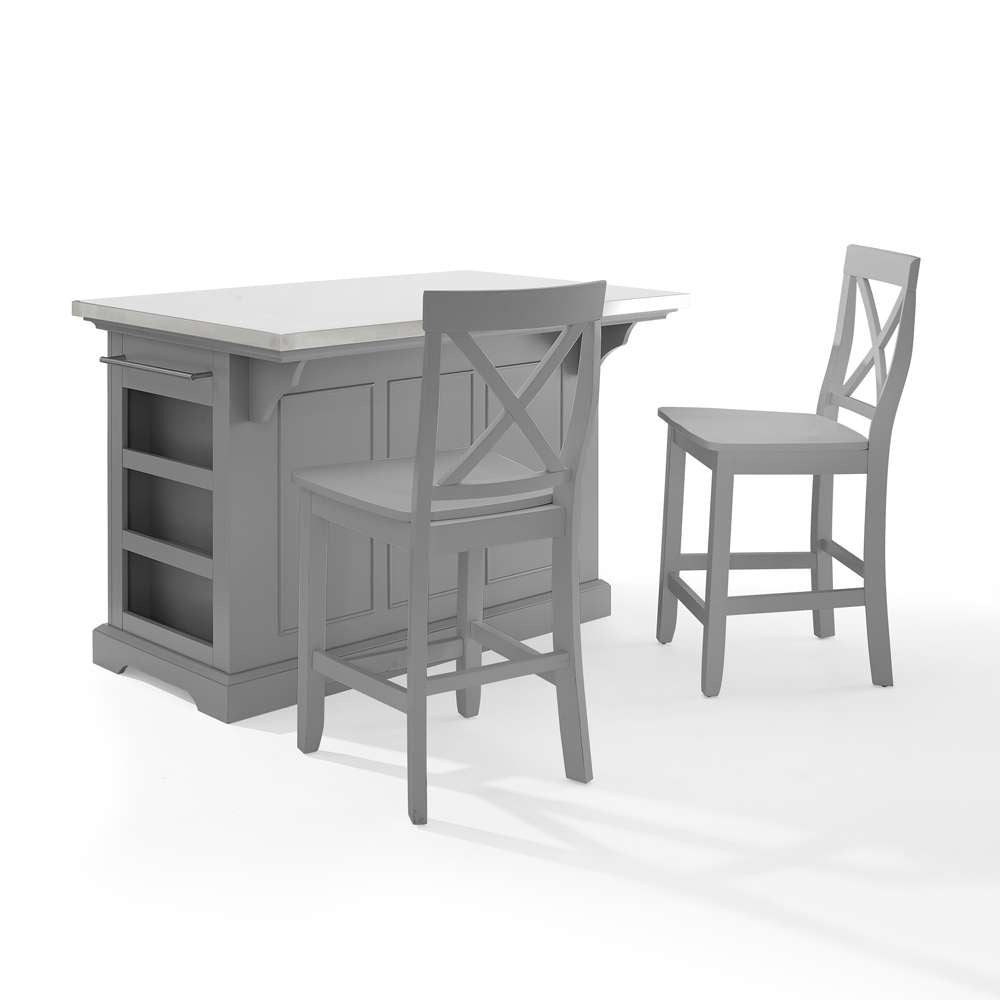 Julia Stainless Steel Top Island with X-Back Stools KF30064GY-GY in Gray / Gray