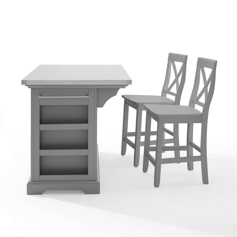 Julia Stainless Steel Top Island with X-Back Stools KF30064GY-GY in Gray / Gray