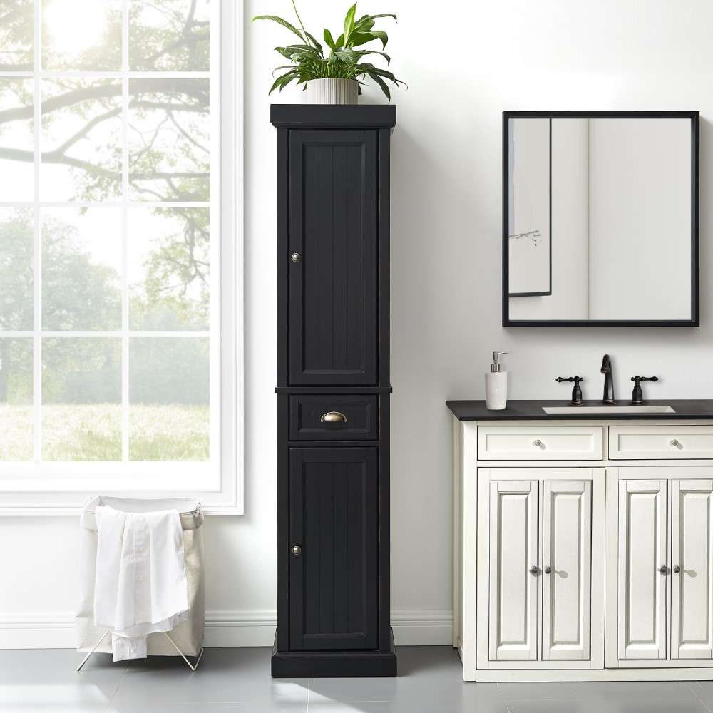 Seaside Tall Linen Cabinet CF7019-BK in Distressed Black