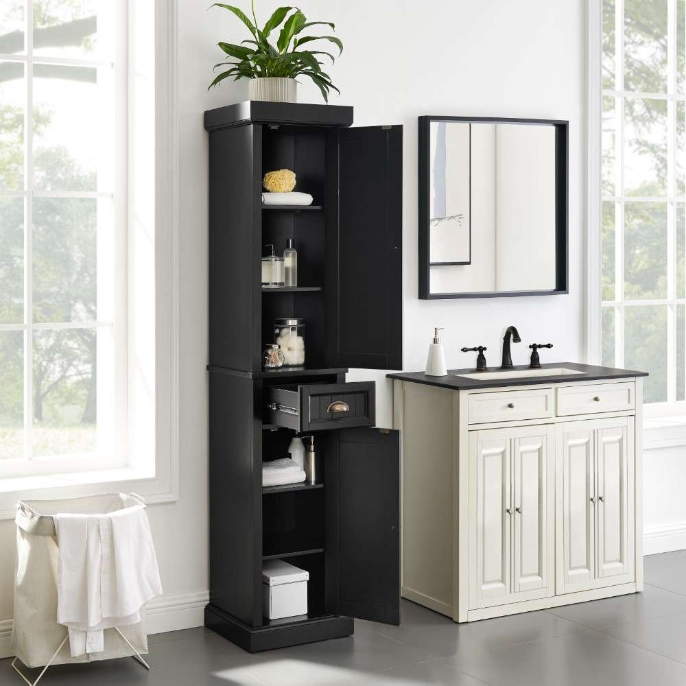 Seaside Tall Linen Cabinet CF7019-BK in Distressed Black