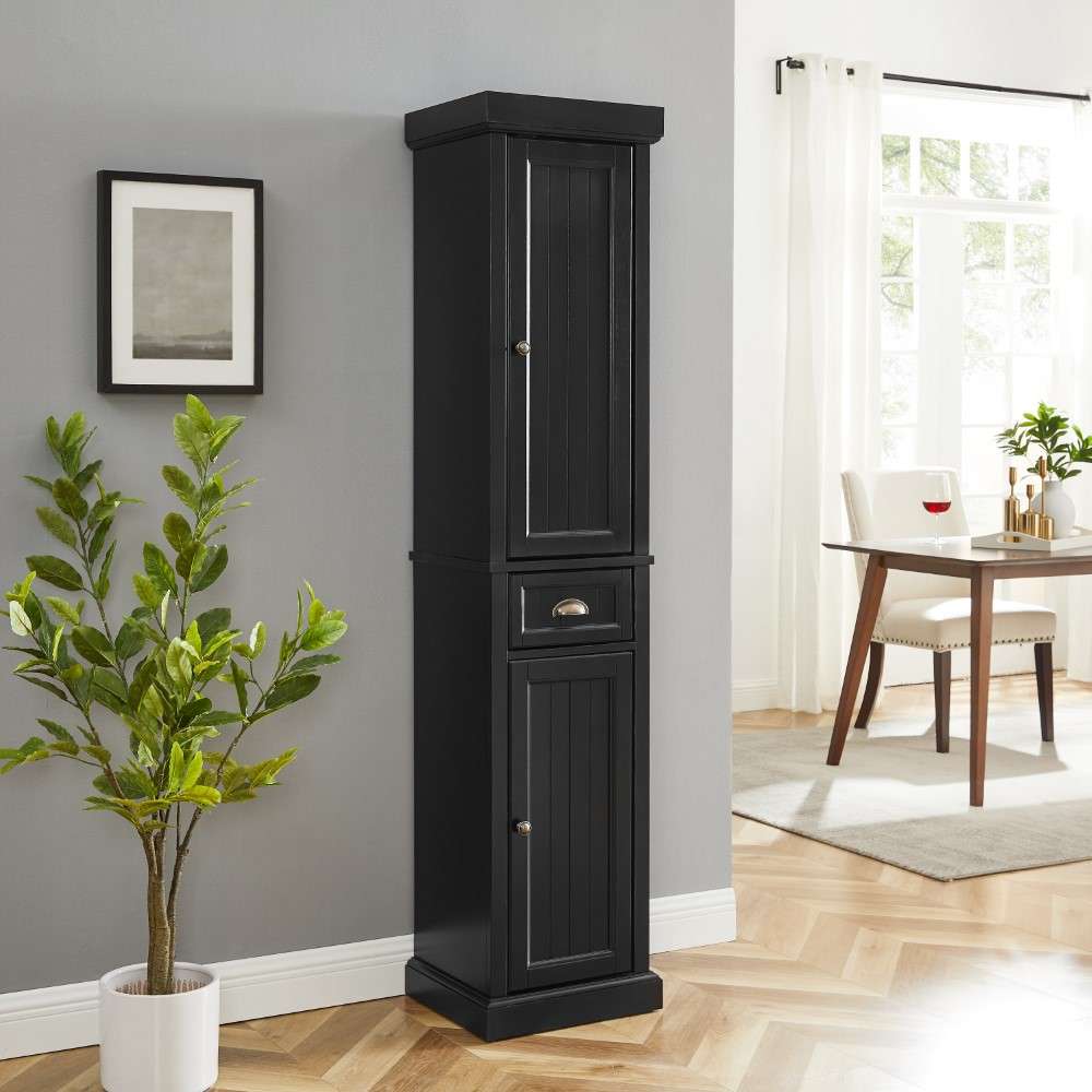 Seaside Tall Linen Cabinet CF7019-BK in Distressed Black