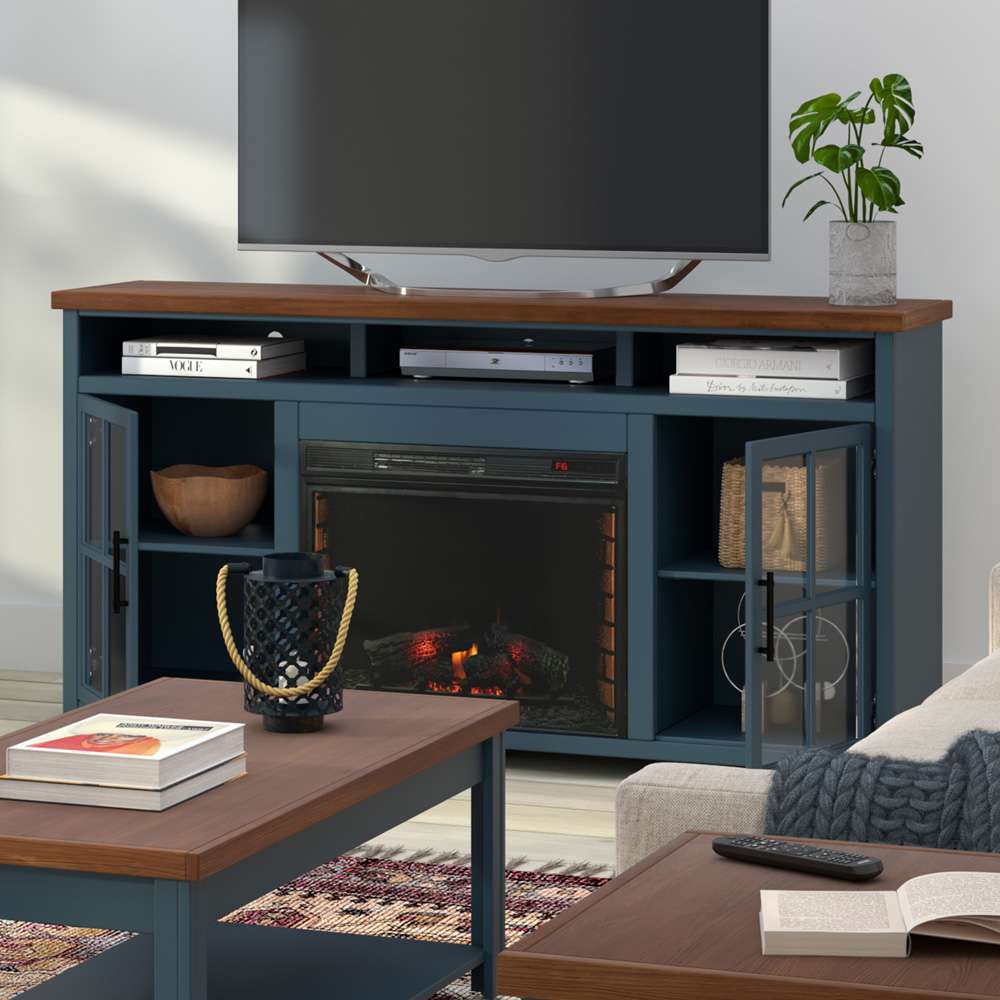 Nantucket 74in Fireplace TV Stand NT5110.BWK in Blue Denim and Whiskey Finish