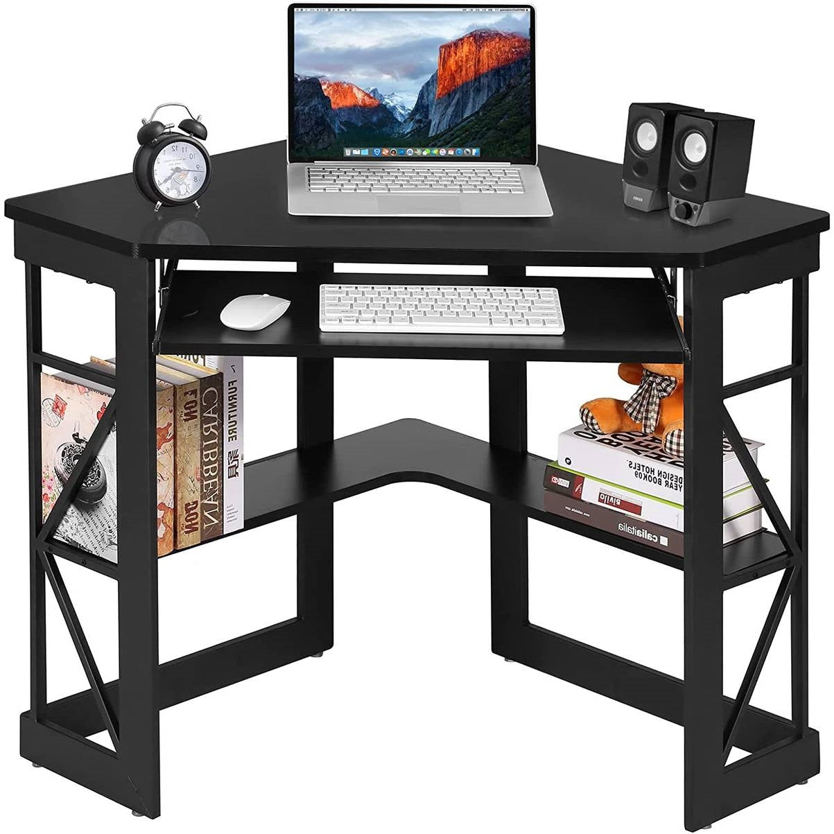 Corner Computer Desk with Keyboard Tray, Black