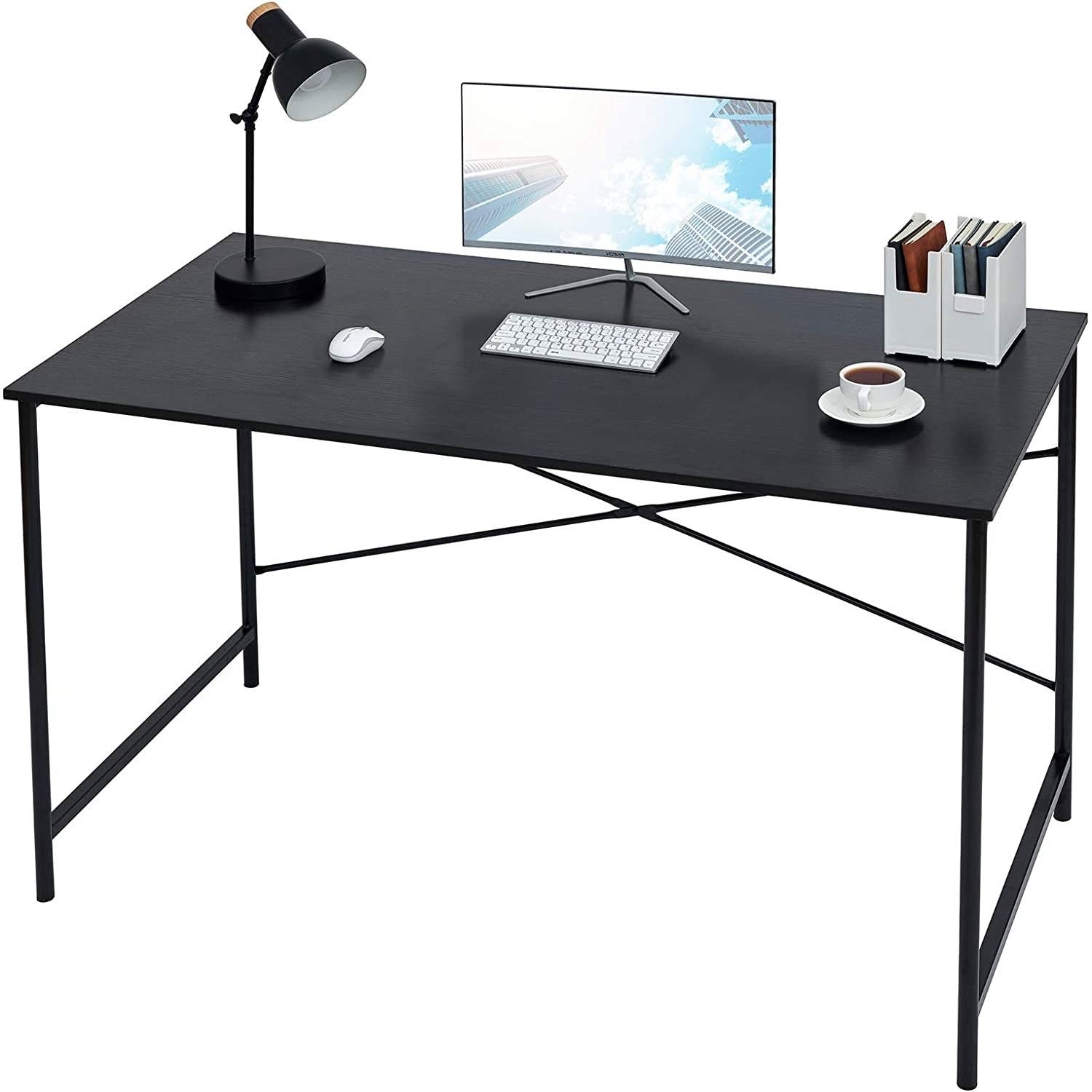Modern Home Office Computer Desk Table with Black Metal Frame and Wood Top
