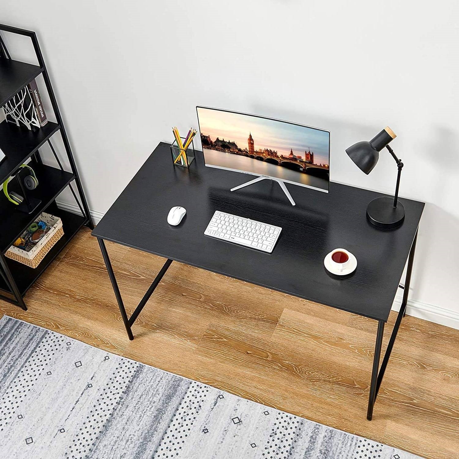 Modern Home Office Computer Desk Table with Black Metal Frame and Wood Top