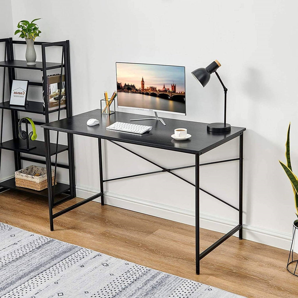 Modern Home Office Computer Desk Table with Black Metal Frame and Wood Top