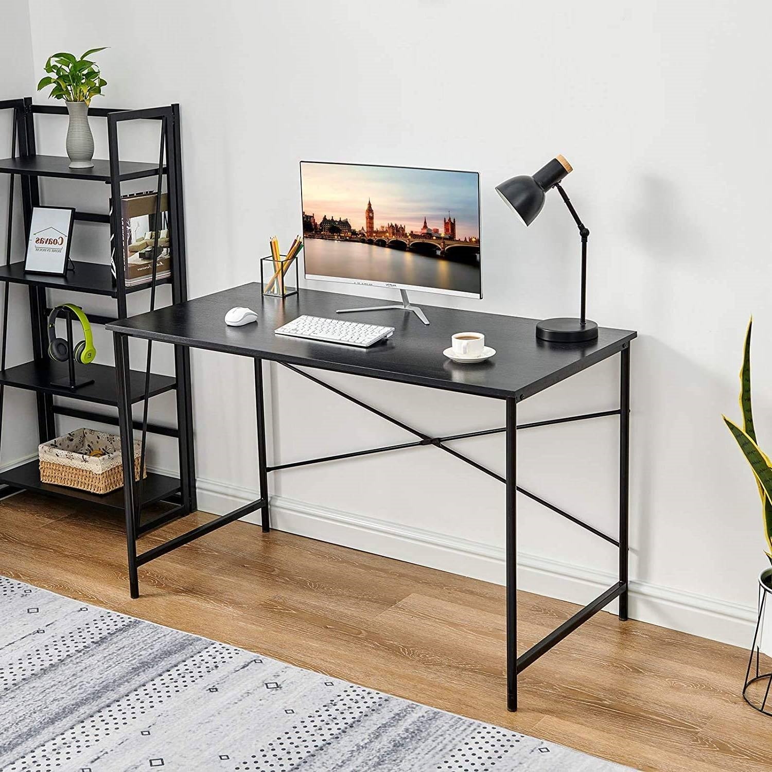 Modern Home Office Computer Desk Table with Black Metal Frame and Wood Top