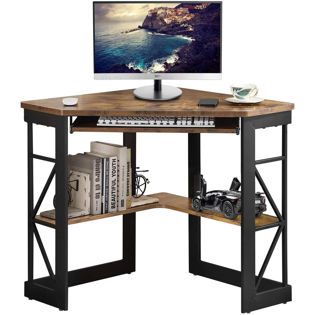 Corner Computer Desk with Keyboard Tray, Brown