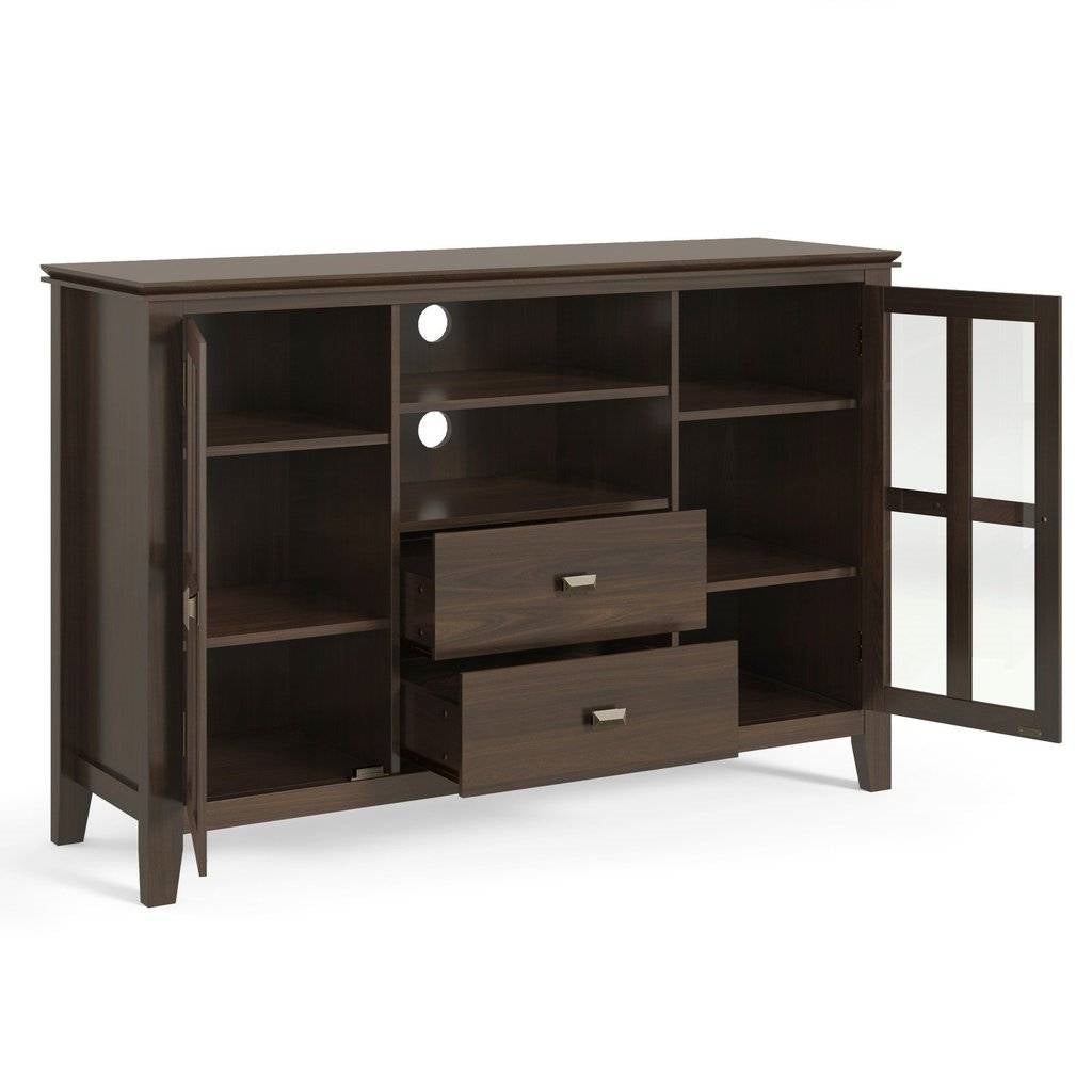 Dark Brown Solid Wood 35-inch High TV Stand with Glass Panel Doors