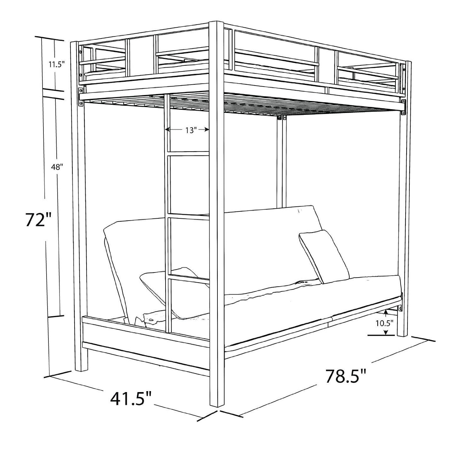 Twin over Futon Bunk Bed in Silver / Black Metal Finish