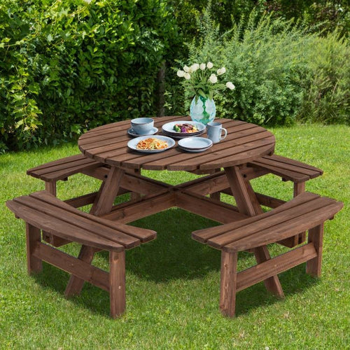 8-Seat Outdoor Solid Wood Round Picnic Table with 4 Benches Patio Garden Dining Set