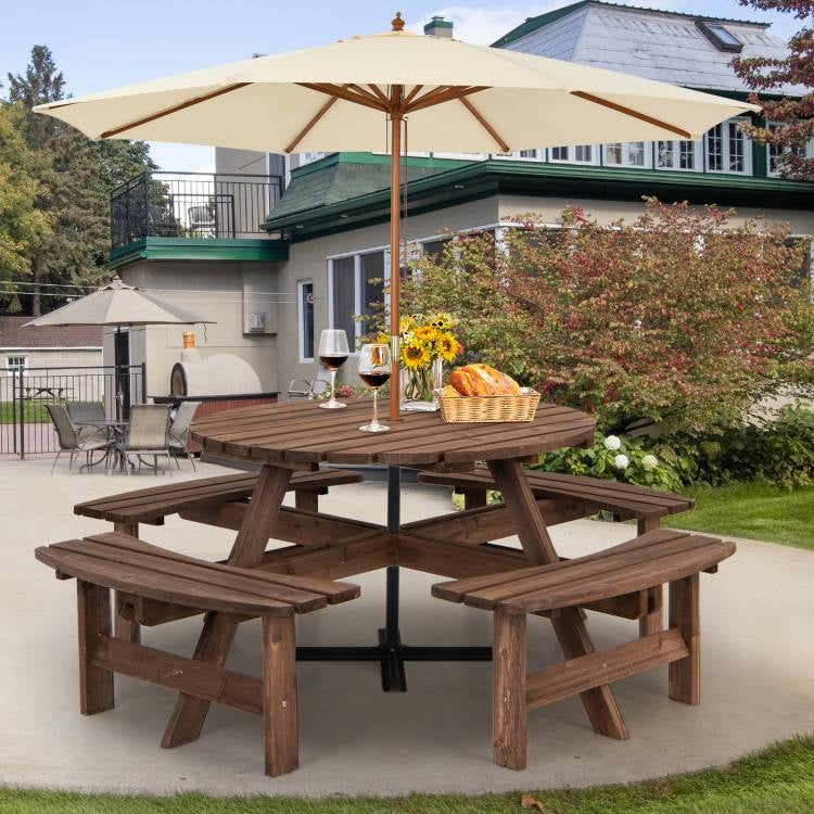 8-Seat Outdoor Solid Wood Round Picnic Table with 4 Benches Patio Garden Dining Set