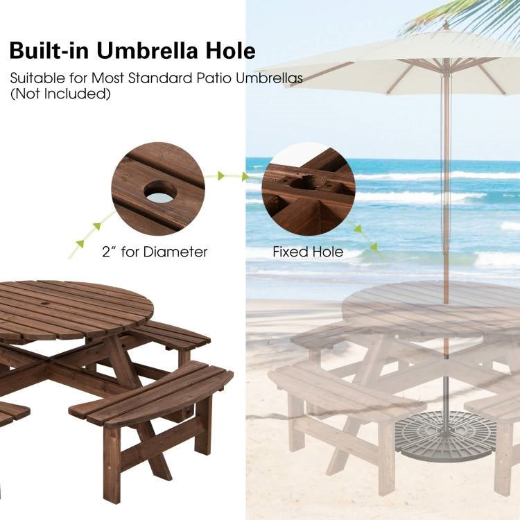 8-Seat Outdoor Solid Wood Round Picnic Table with 4 Benches Patio Garden Dining Set
