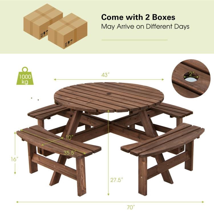 8-Seat Outdoor Solid Wood Round Picnic Table with 4 Benches Patio Garden Dining Set