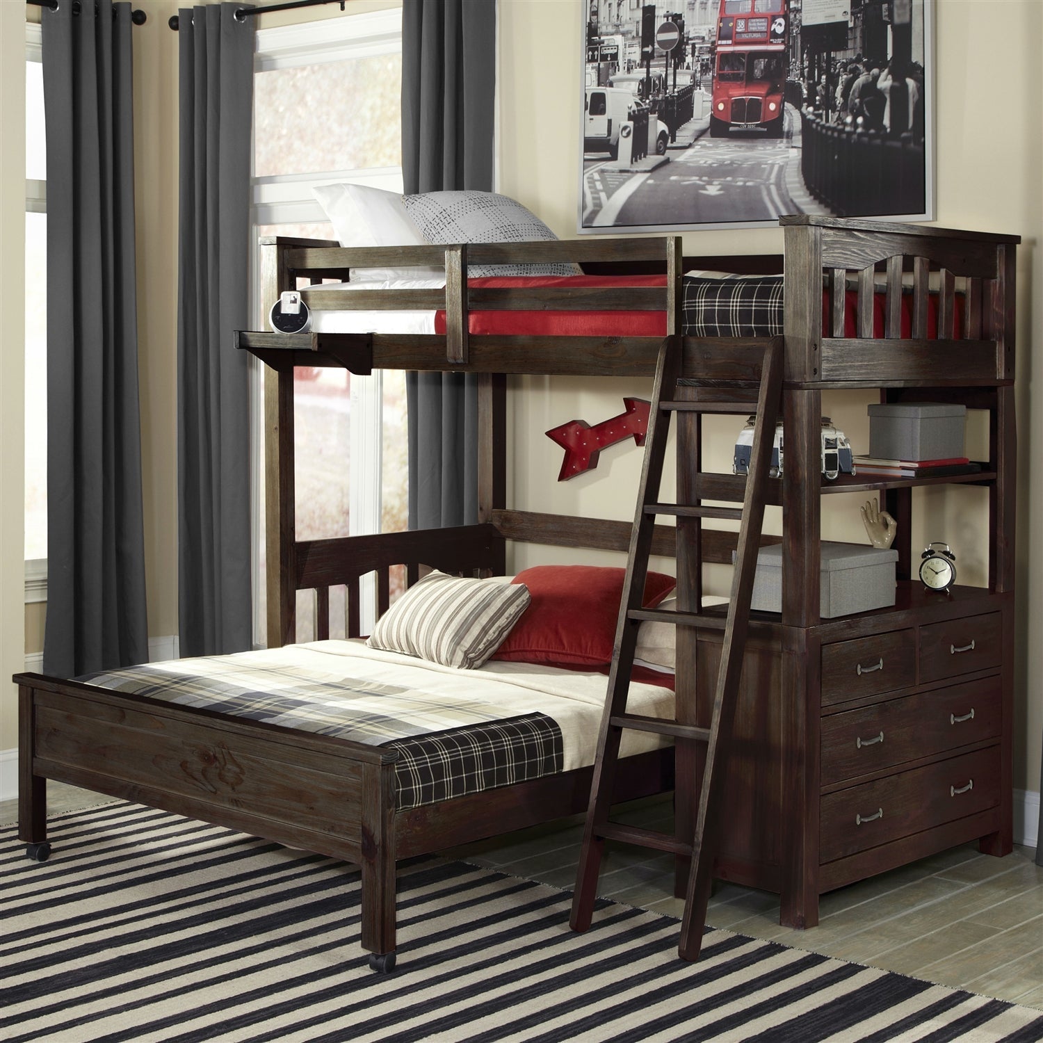 Twin over Full Bunk Bed Loft with 4-Drawer Chest in Espresso Wood Finish