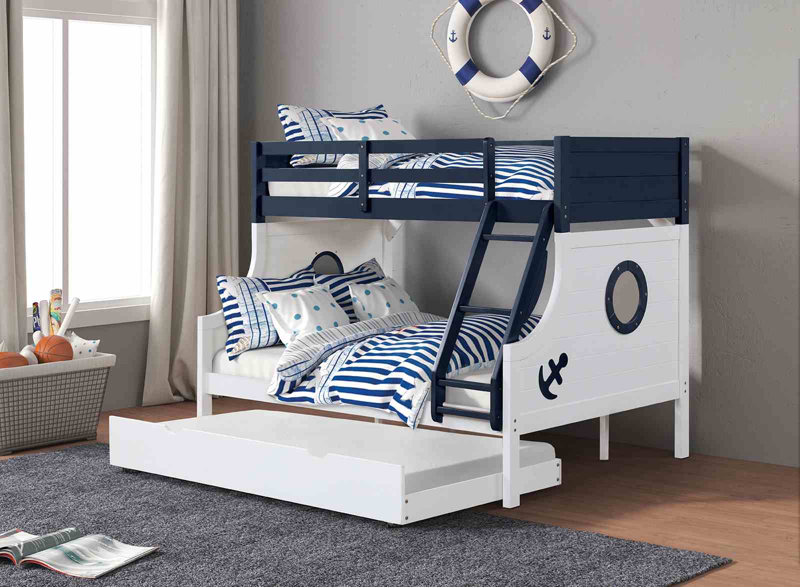 Nautia Twin/Full Bunk Bed, Blue/White