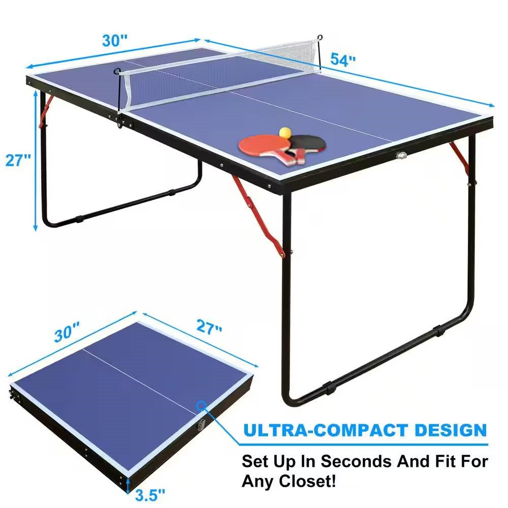 Folding 54-inch Blue Ping Pong Table Tennis Table Set with Net and 2 Paddles