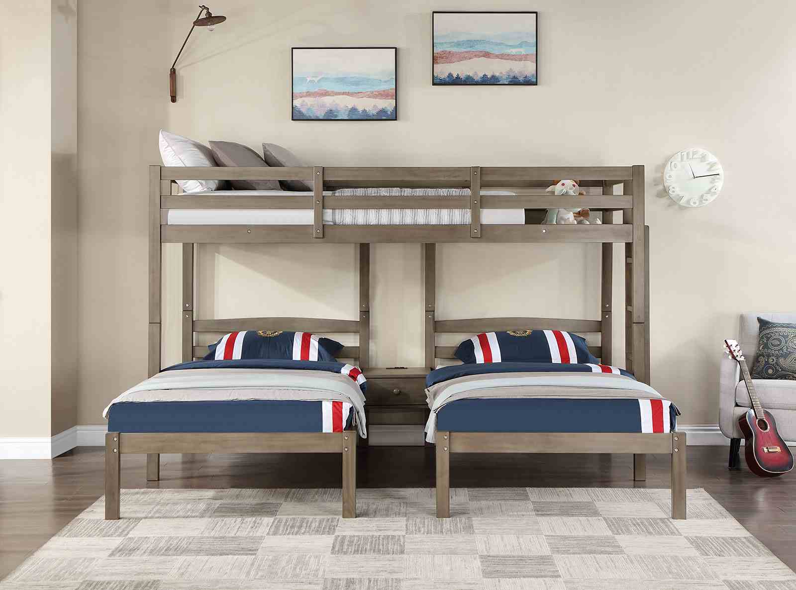 Hortense - Triple Twin Bunk Bed, Warm Gray