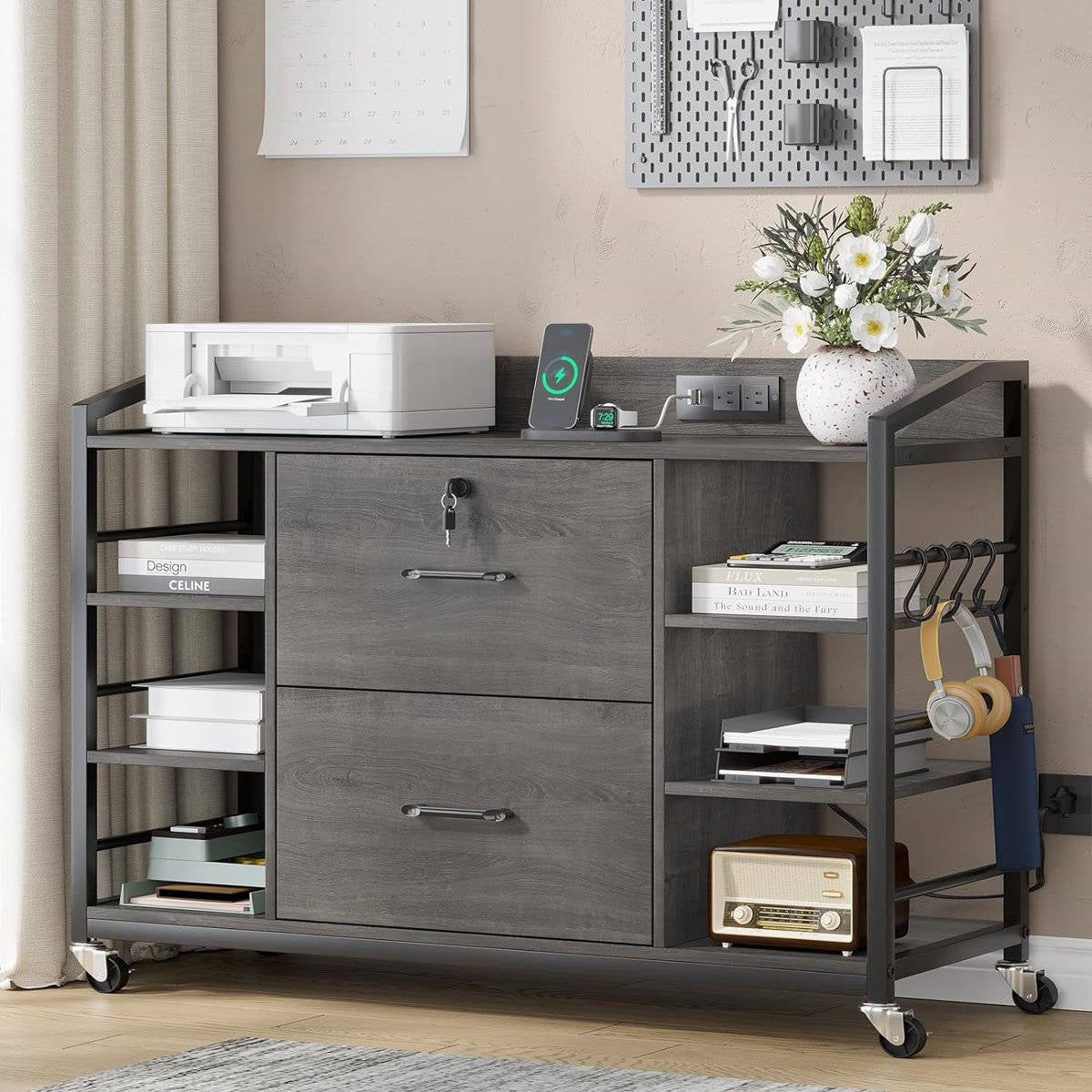 Printer Stand Power Station File Cabinet, Grey