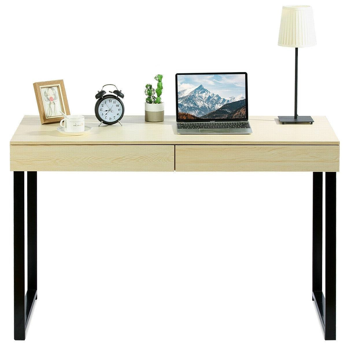 Modern Metal Wood Home Office Desk with 2 Drawers