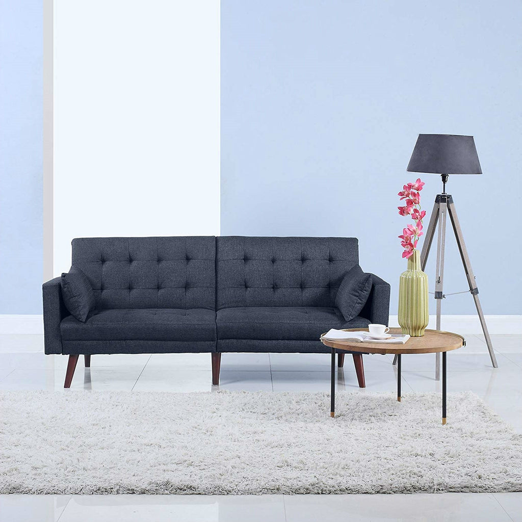 Modern Mid-Century Sleeper Sofa Bed in Dark Blue Black Linen