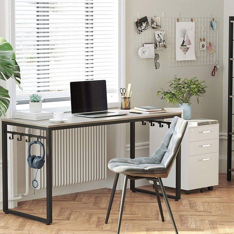 Modern Industrial Metal Frame Wood Top Laptop Computer Desk with Hooks