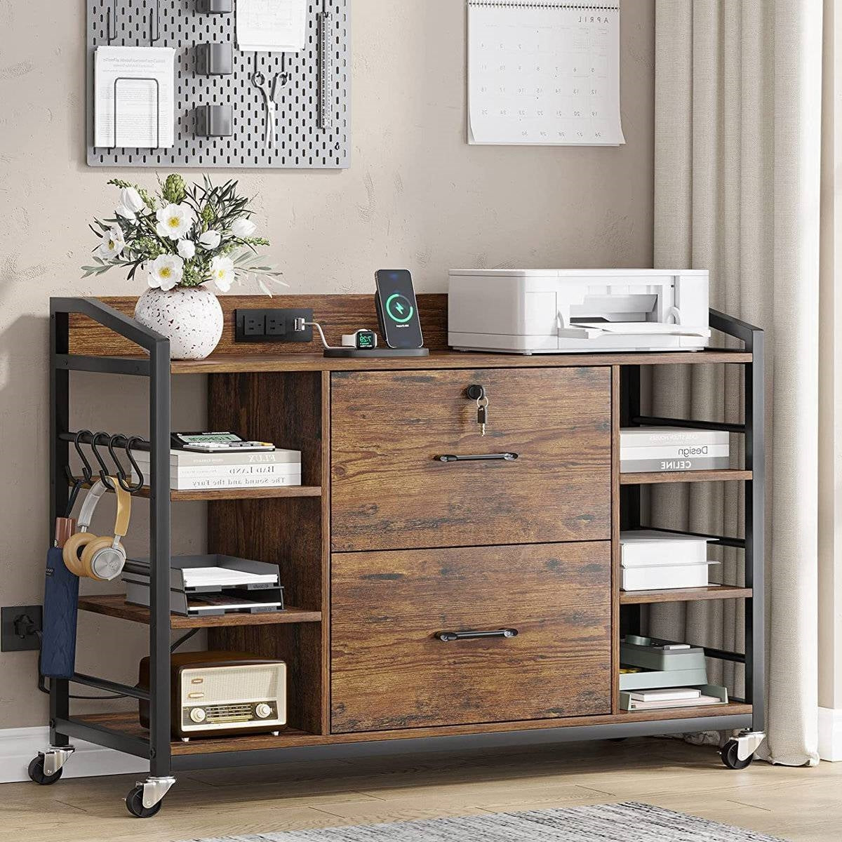 Printer Stand Power Station File Cabinet, Brown