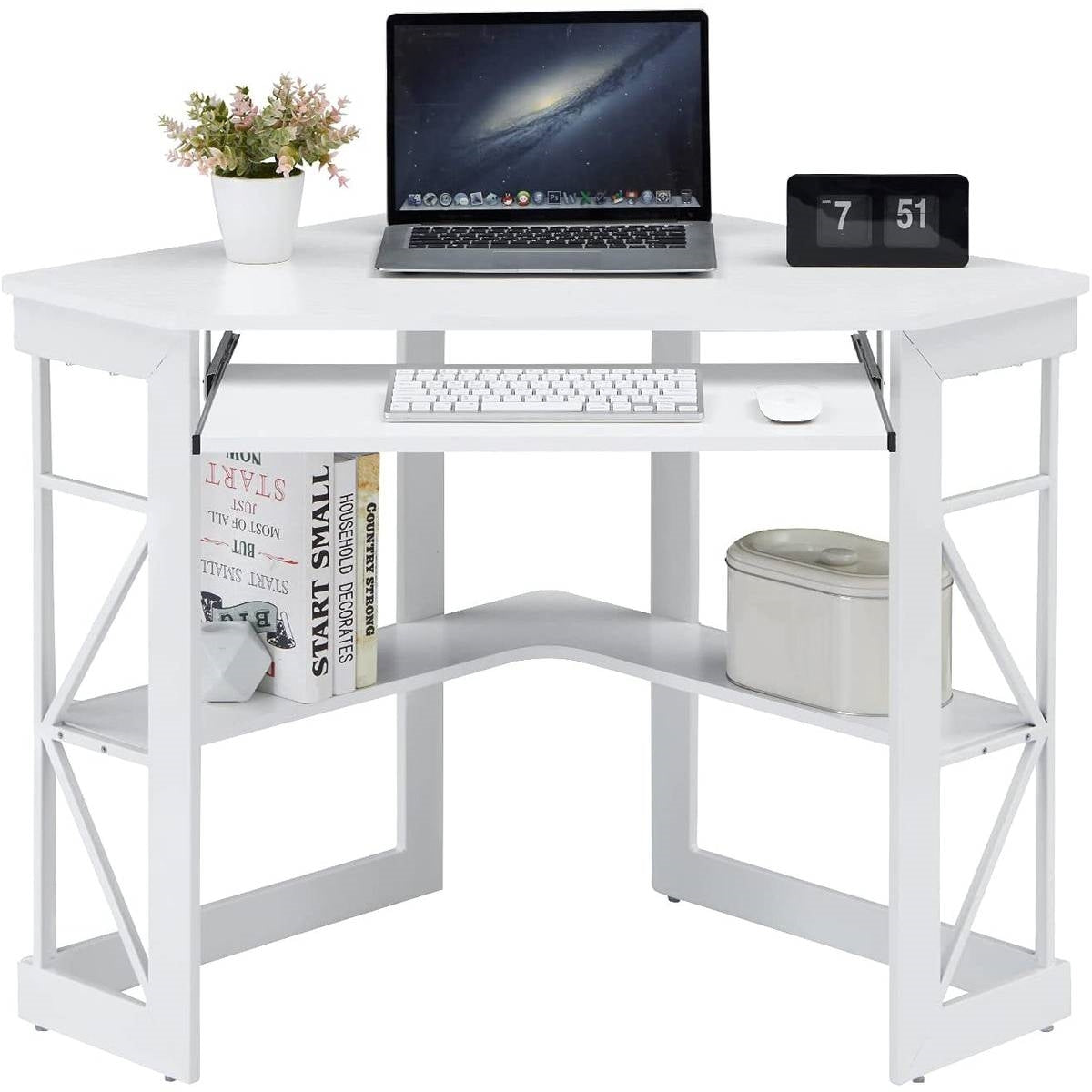 Corner Computer Desk with Keyboard Tray, White