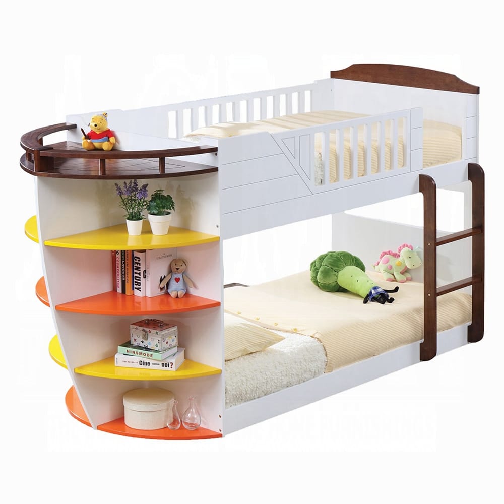 Neptune Twin over Twin Bunk Bed with Storage Shelves 37715 in White and Chocolate