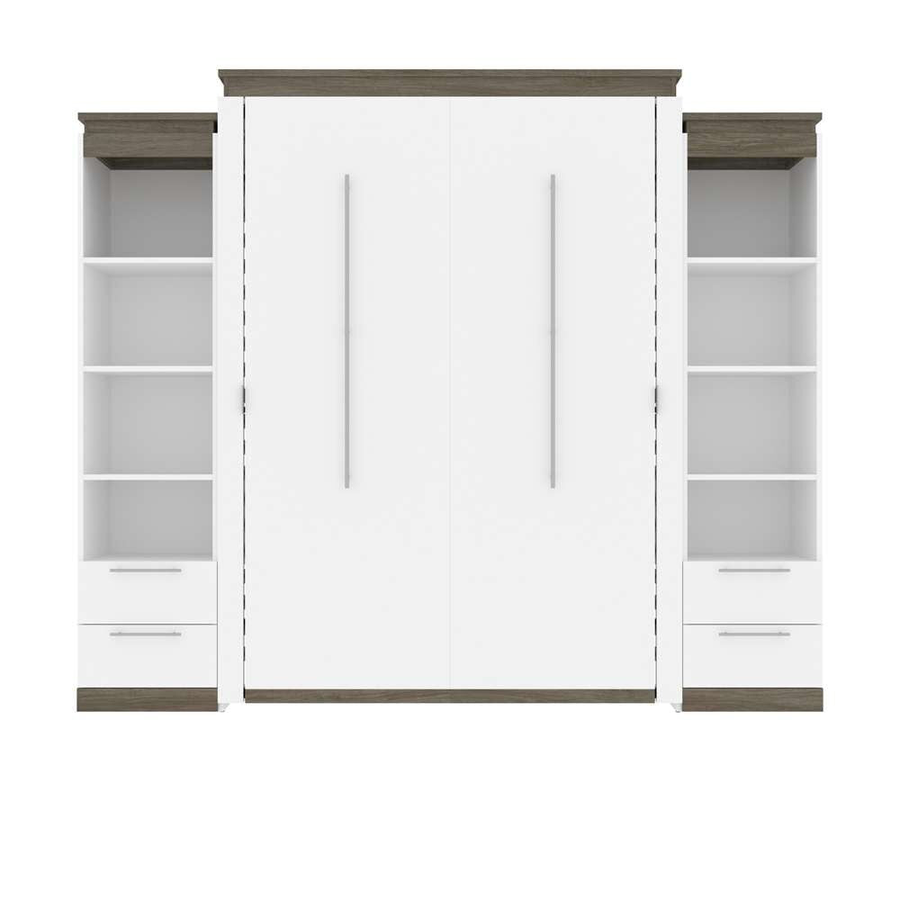 Bestar Orion Queen Murphy Bed with Narrow Shelving Units and Drawers