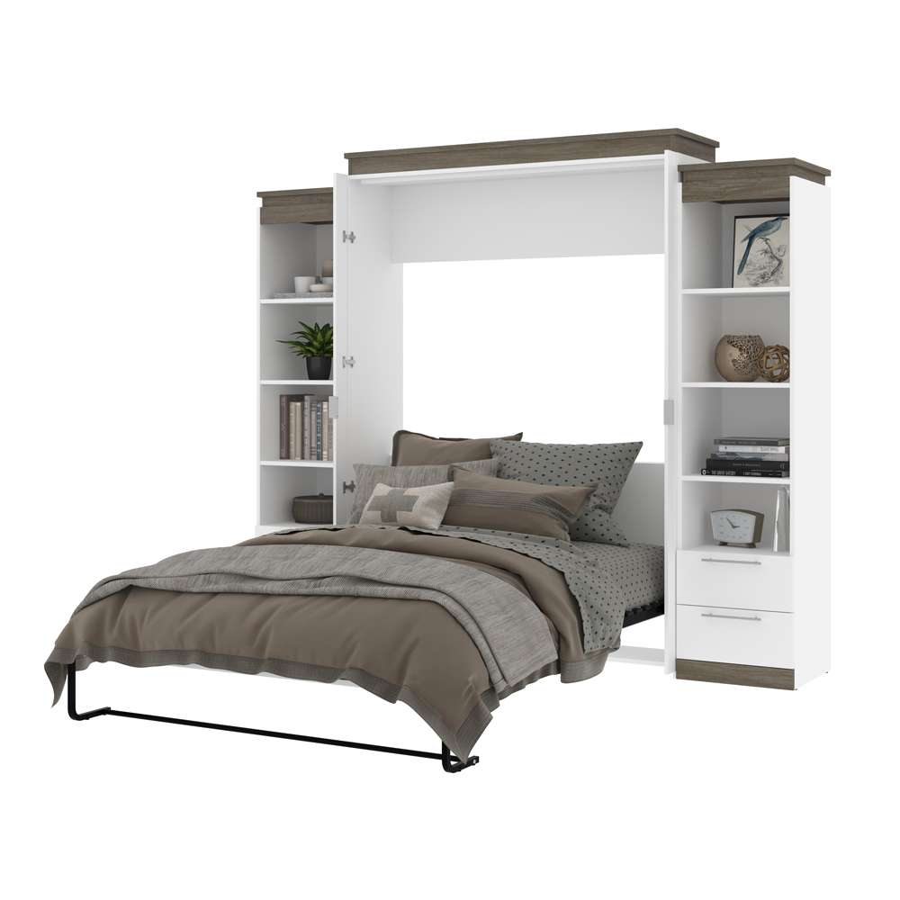 Bestar Orion Queen Murphy Bed with Narrow Shelving Units and Drawers