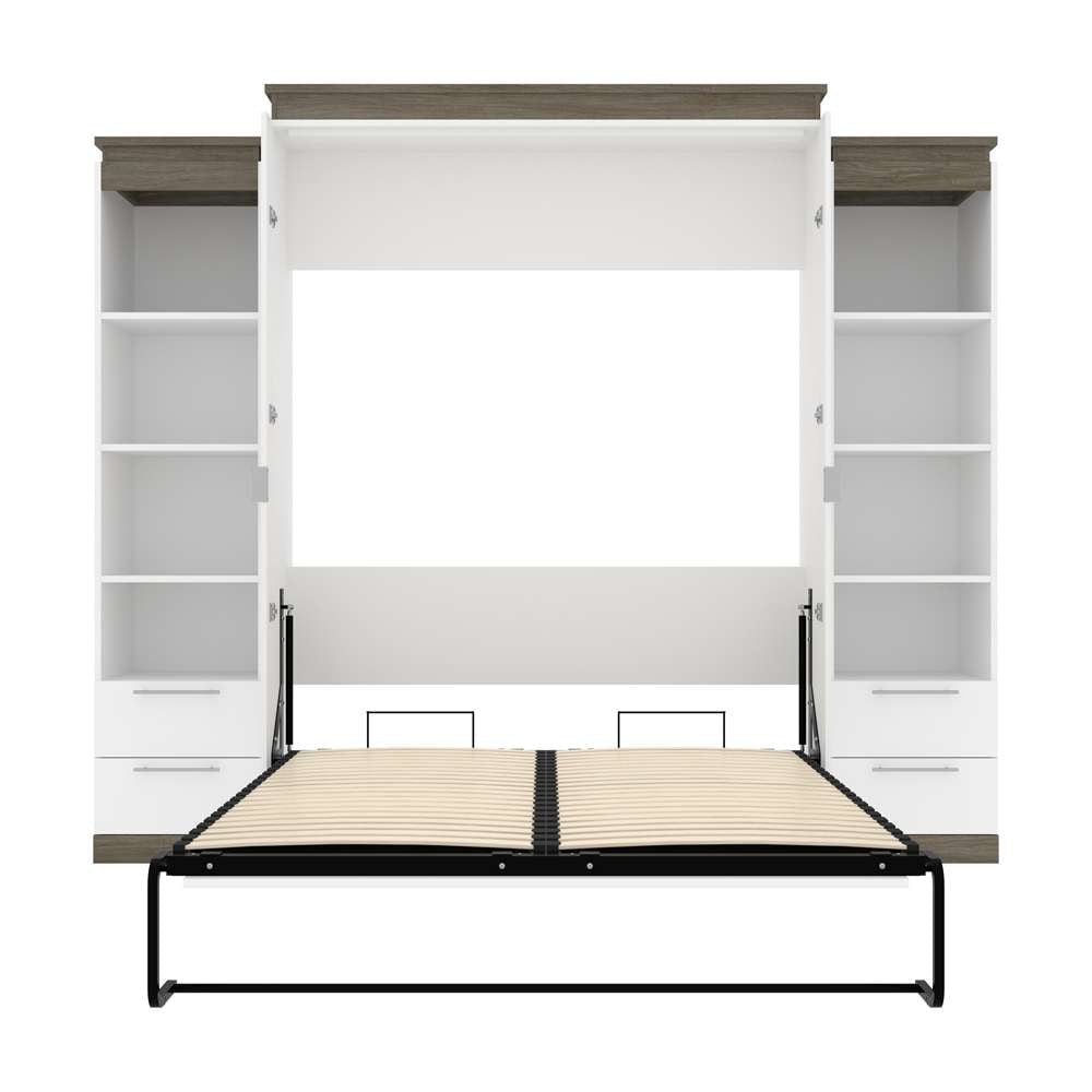 Bestar Orion Queen Murphy Bed with Narrow Shelving Units and Drawers