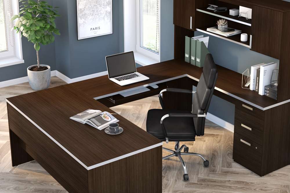 Bestar Ridgeley 65W U-Shaped Executive Desk in Dark Chocolate