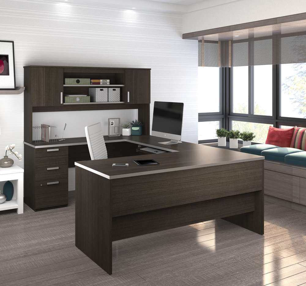 Bestar Ridgeley 65W U-Shaped Executive Desk in Dark Chocolate