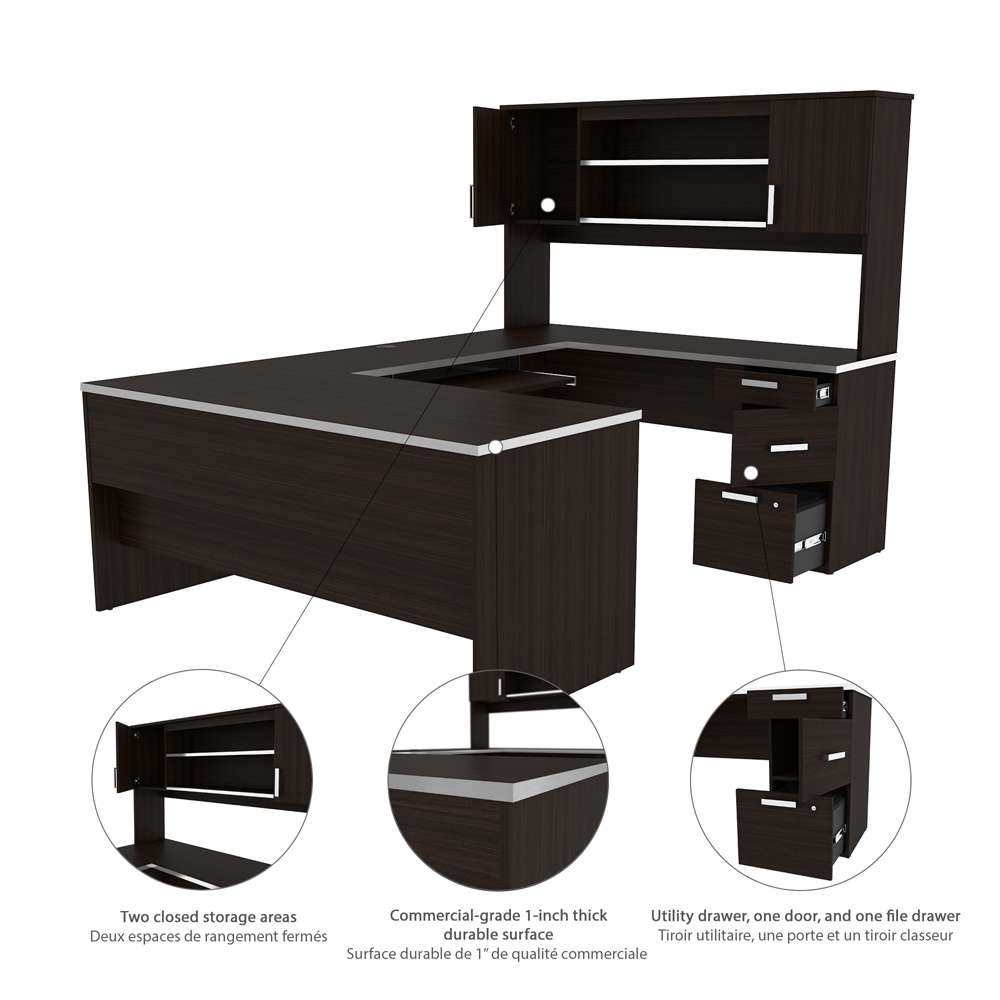 Bestar Ridgeley 65W U-Shaped Executive Desk in Dark Chocolate