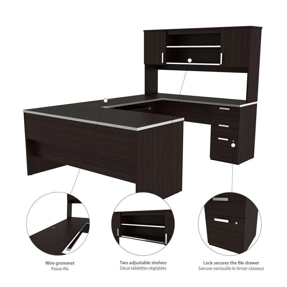 Bestar Ridgeley 65W U-Shaped Executive Desk in Dark Chocolate