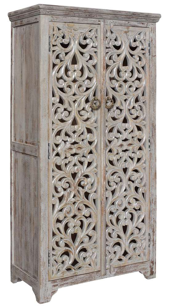 Bengal Manor Mango Wood Hand Carved Open Design 2 Door Tall Cabinet CVFNR353 in Tan