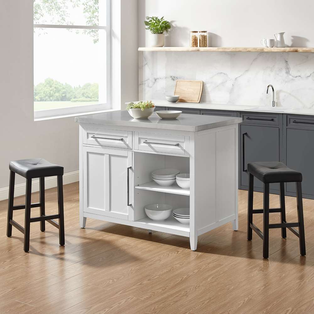 Silvia Island With 2 Stools White Black KF30082WH-BK