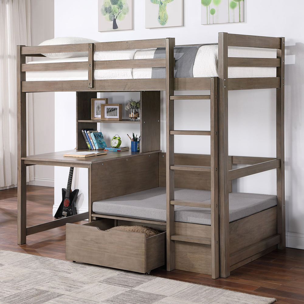 Callistus Twin Workstation Loft Bed CM-BK828GY-BED in Warm Gray