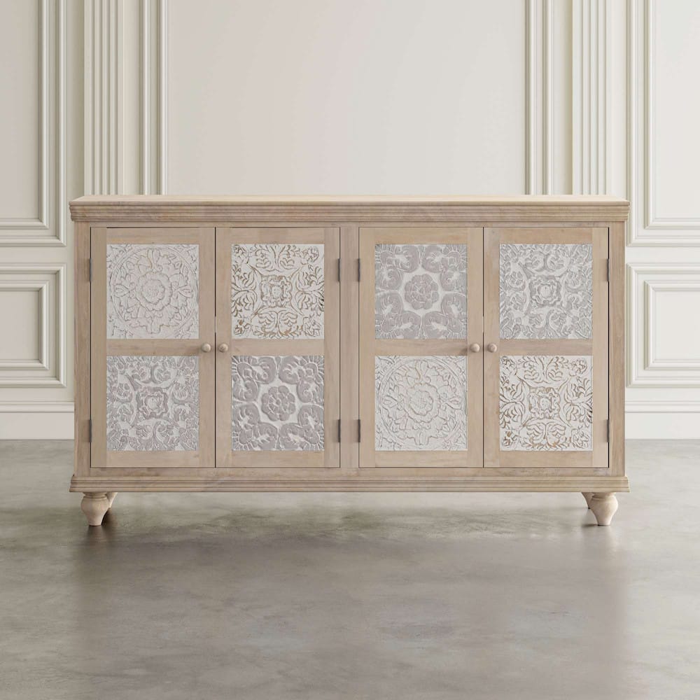 Adele 71in Hand Carved Solid Wood Four-Door Sideboard Cabinet 2358-71 in Sand