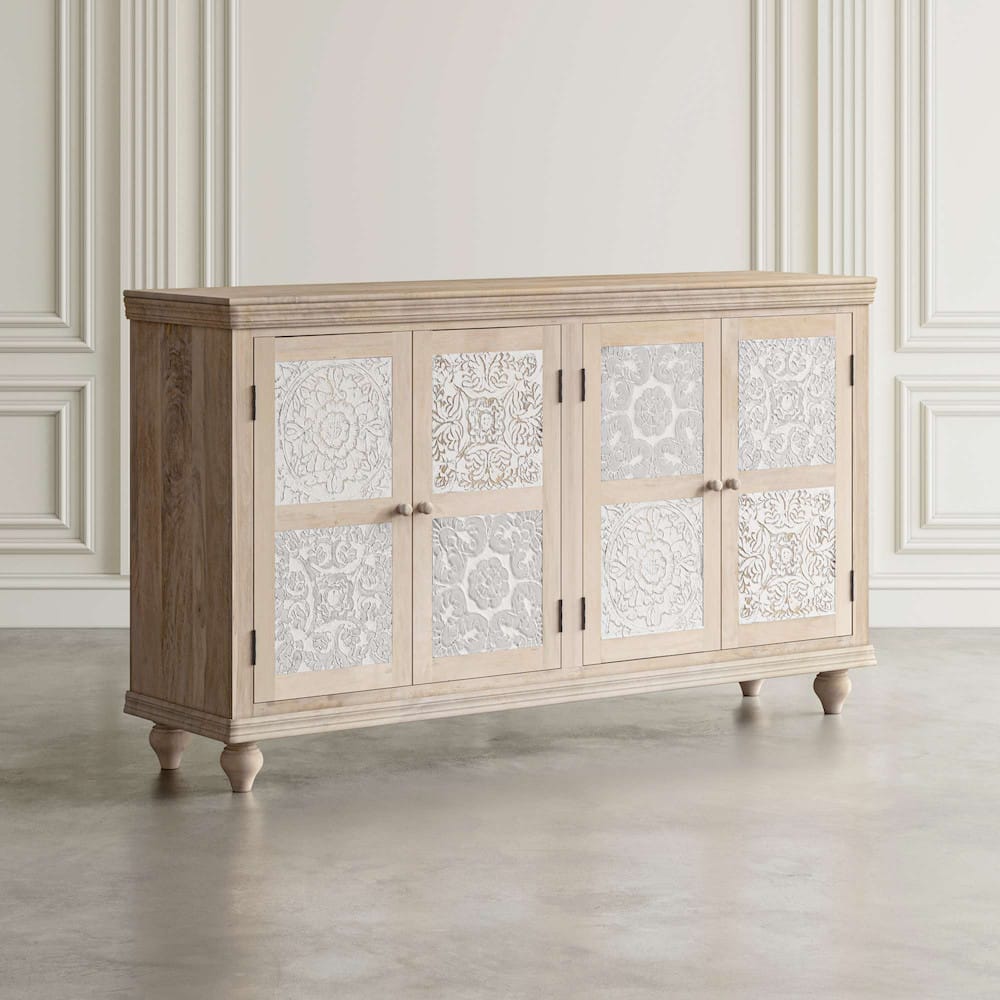 Adele 71in Hand Carved Solid Wood Four-Door Sideboard Cabinet 2358-71 in Sand
