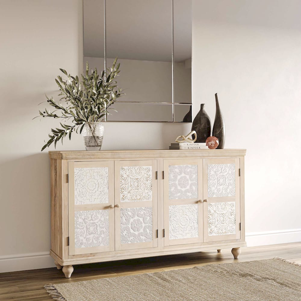 Adele 71in Hand Carved Solid Wood Four-Door Sideboard Cabinet 2358-71 in Sand