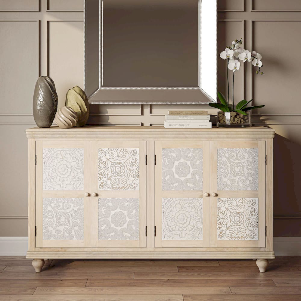 Adele 71in Hand Carved Solid Wood Four-Door Sideboard Cabinet 2358-71 in Sand