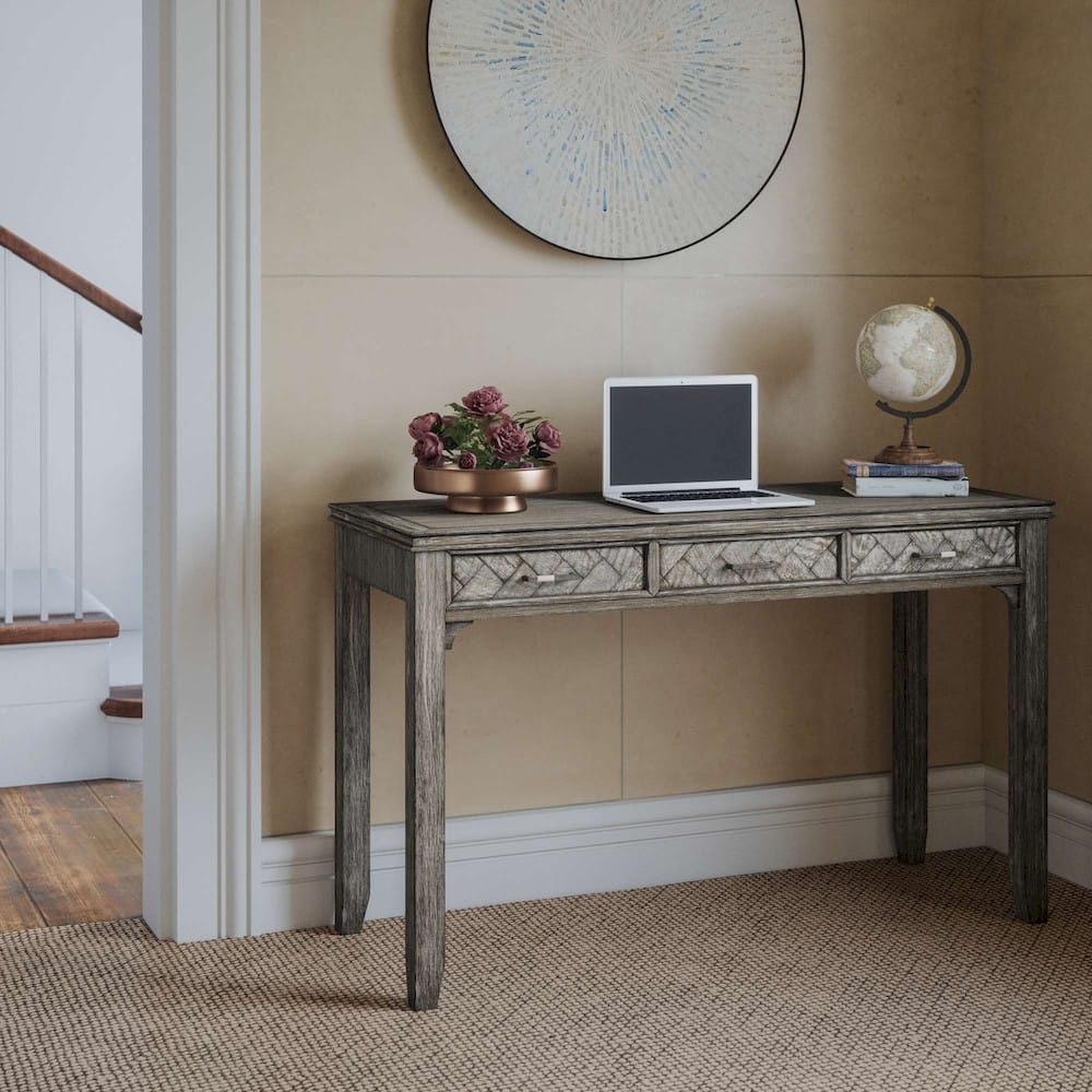 Jofran Gramercy Chevron Three Drawer USB Charging Desk in Platinum