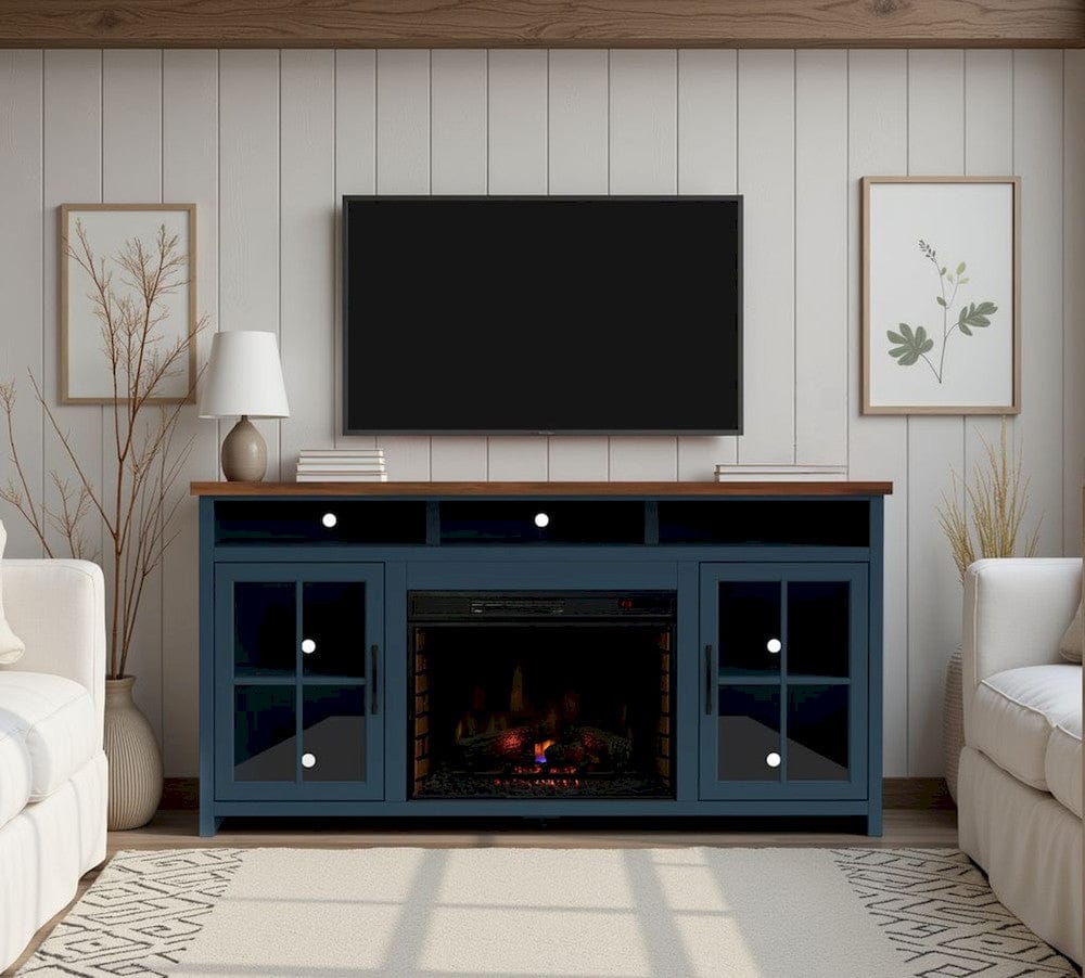 Nantucket 74in Fireplace TV Stand NT5110.BWK in Blue Denim and Whiskey Finish